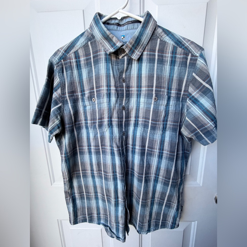 KÜHL Blue Gray Plaid Button Down Shirt Men’s Medium Short Sleeve Outdoor Hiking